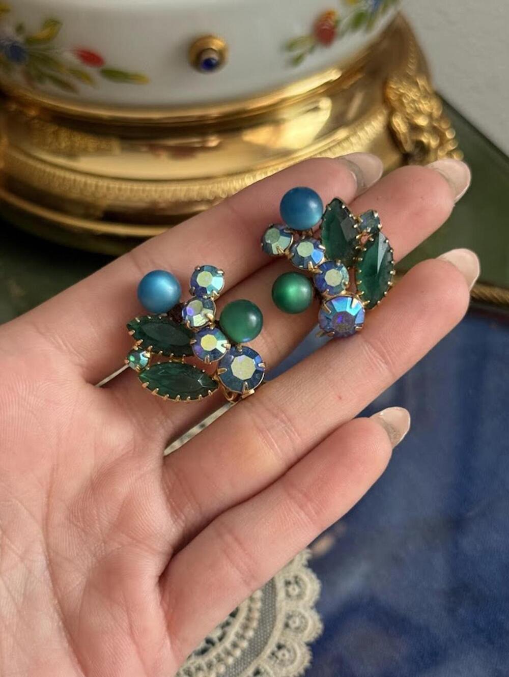 Vintage Colorful glass rhinestone Clip on Earrings